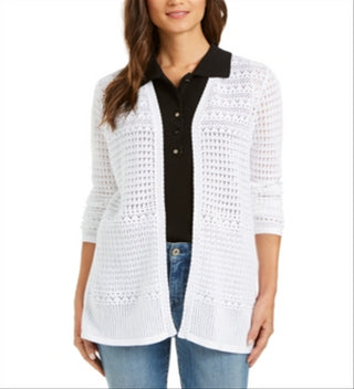 Cardigan feminino de malha Pointelle com frente aberta, tamanho pequeno, branco, Charter Club