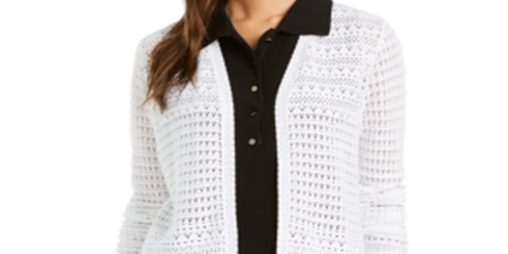 Cardigan feminino de malha Pointelle com frente aberta, tamanho pequeno, branco, Charter Club
