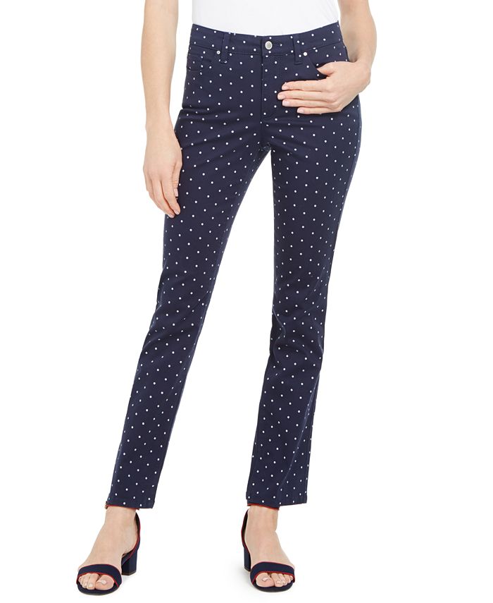 Calça jeans feminina Lexington com estampa de bolinhas e perna reta, azul, tamanho 4, pequena