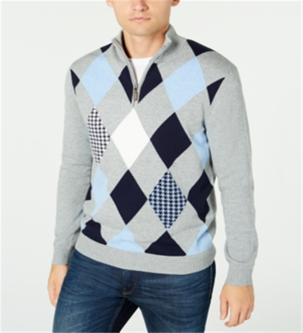 Suéter masculino Pima Argyle com zíper de um quarto, cinza, tamanho 3XL