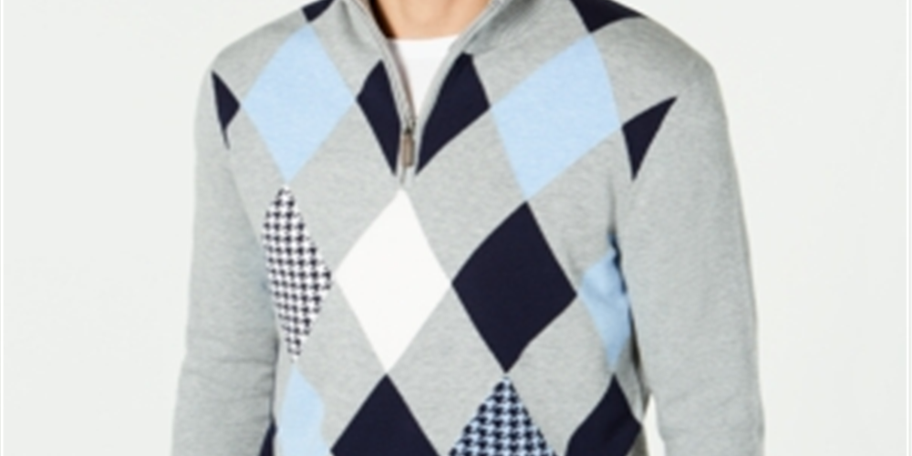 Suéter masculino Pima Argyle com zíper de um quarto, cinza, tamanho 3XL