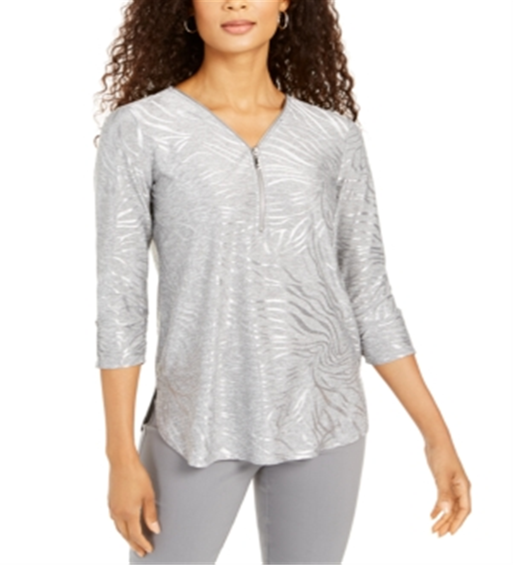 Blusa feminina com estampa metálica e zíper, tamanho XS, cinza, da coleção JM