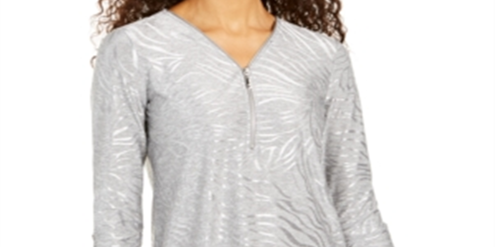 Blusa feminina com estampa metálica e zíper, tamanho XS, cinza, da coleção JM