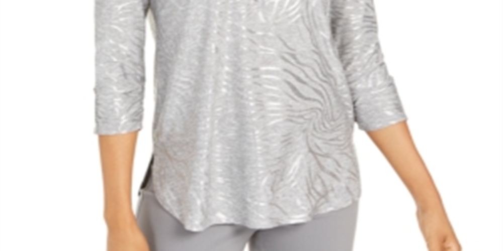Blusa feminina com estampa metálica e zíper, tamanho XS, cinza, da coleção JM