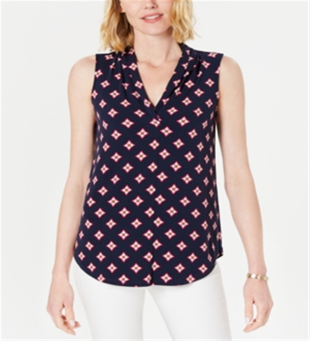 Blusa estampada feminina Charter Club com decote em V, azul marinho, tamanho PSM