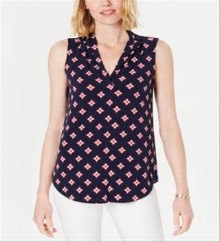 Charter Club Women's V Neck Printed Blouse Navy Size PSM
