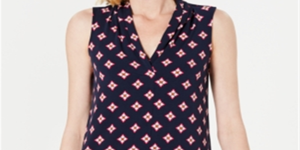 Blusa estampada feminina Charter Club com decote em V, azul marinho, tamanho PSM