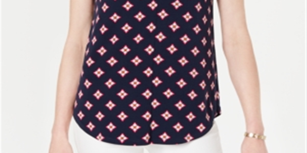 Blusa estampada feminina Charter Club com decote em V, azul marinho, tamanho PSM