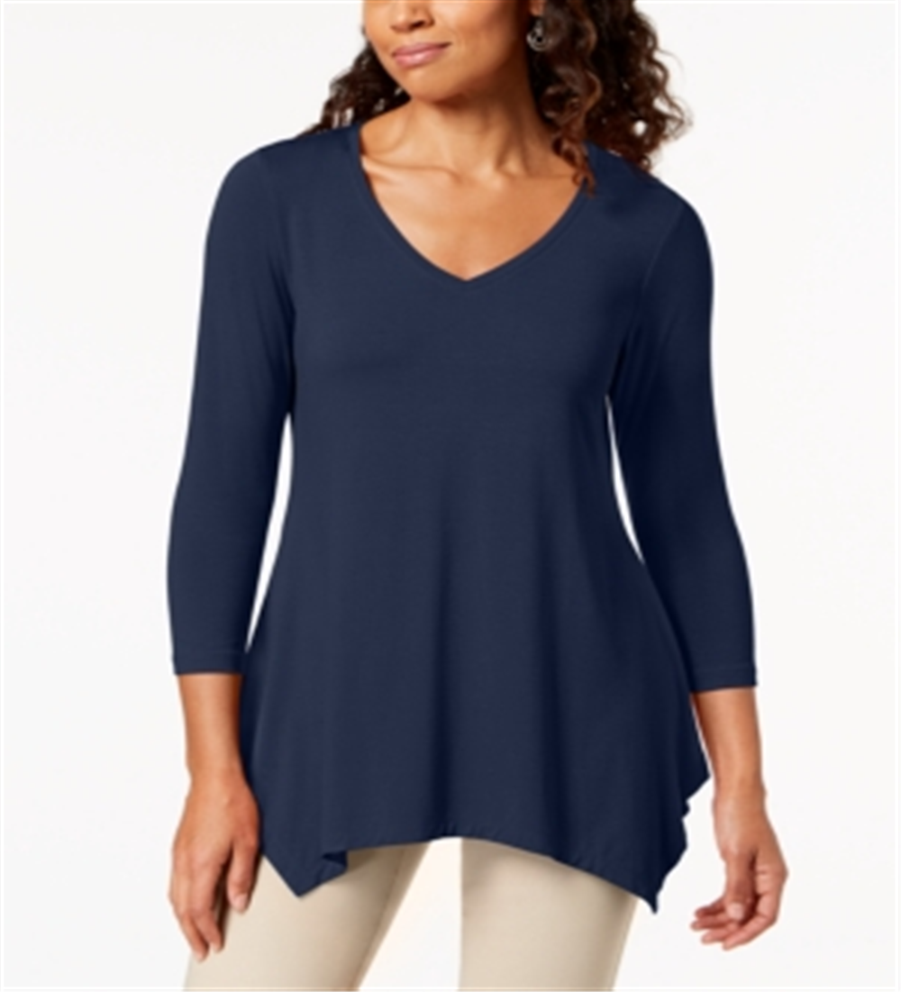 JM Collection Blusa feminina com decote em V e bainha em lenço, azul, tamanho X-S