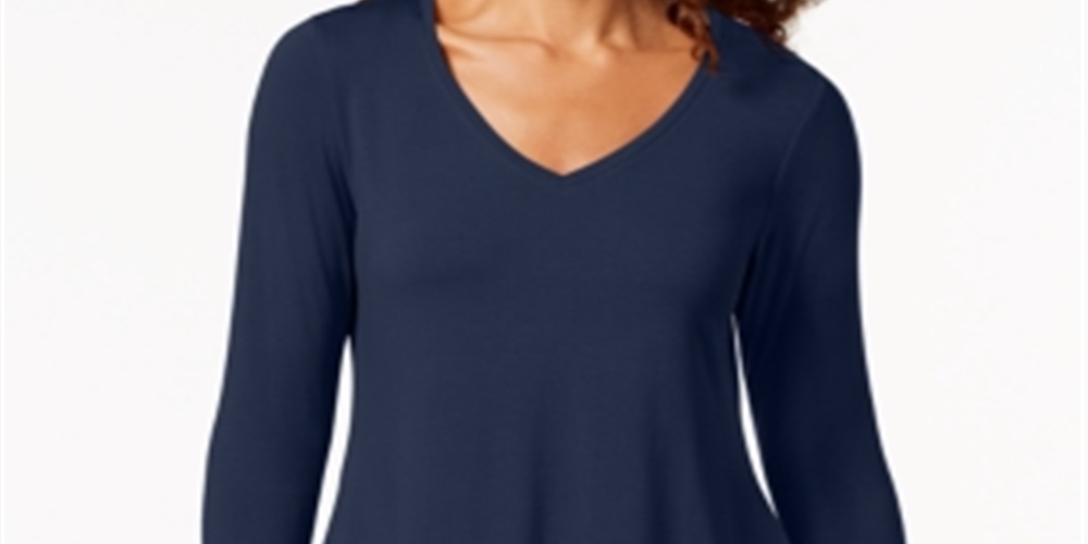 JM Collection Blusa feminina com decote em V e bainha em lenço, azul, tamanho X-S