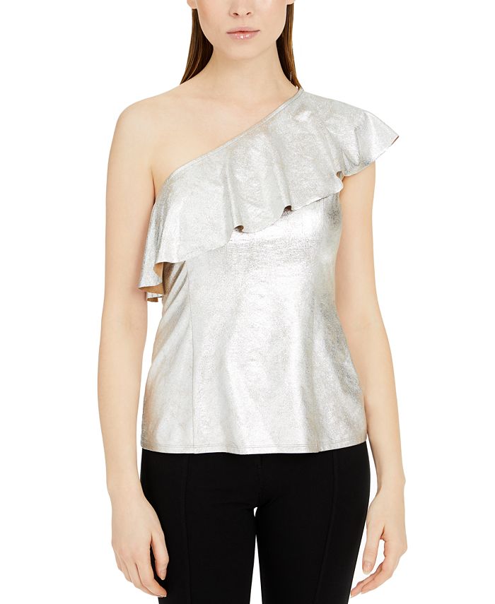 INC International Concepts Top feminino metálico com babados e um ombro só, azul, tamanho XXL