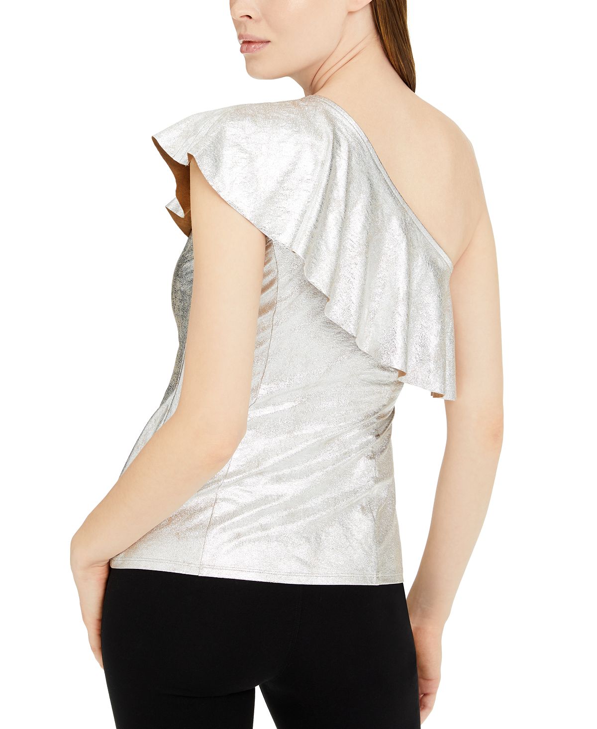INC International Concepts Top feminino metálico com babados e um ombro só, azul, tamanho XXL