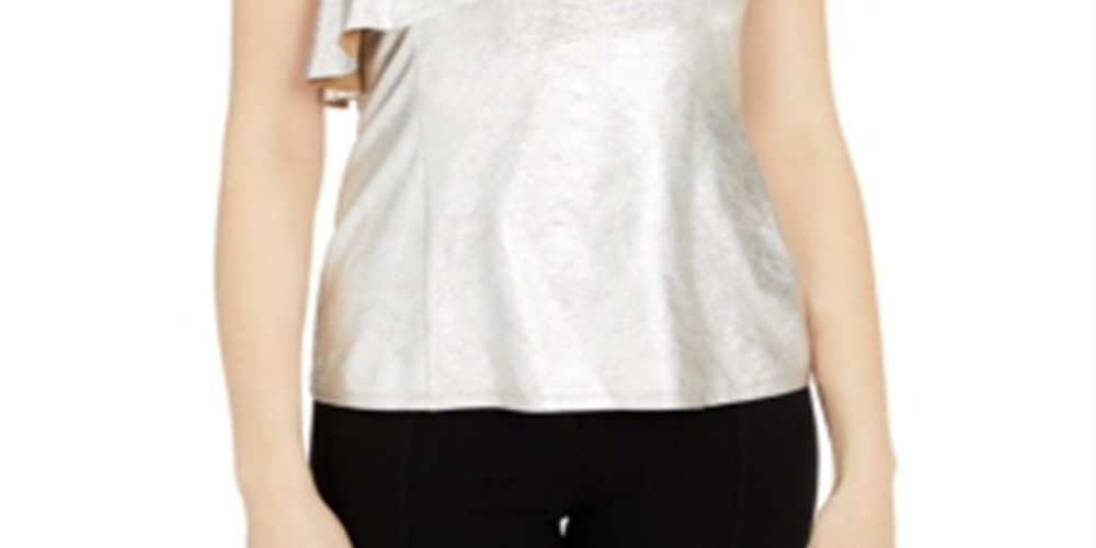 INC International Concepts Top feminino metálico com babados e um ombro só, azul, tamanho XXL