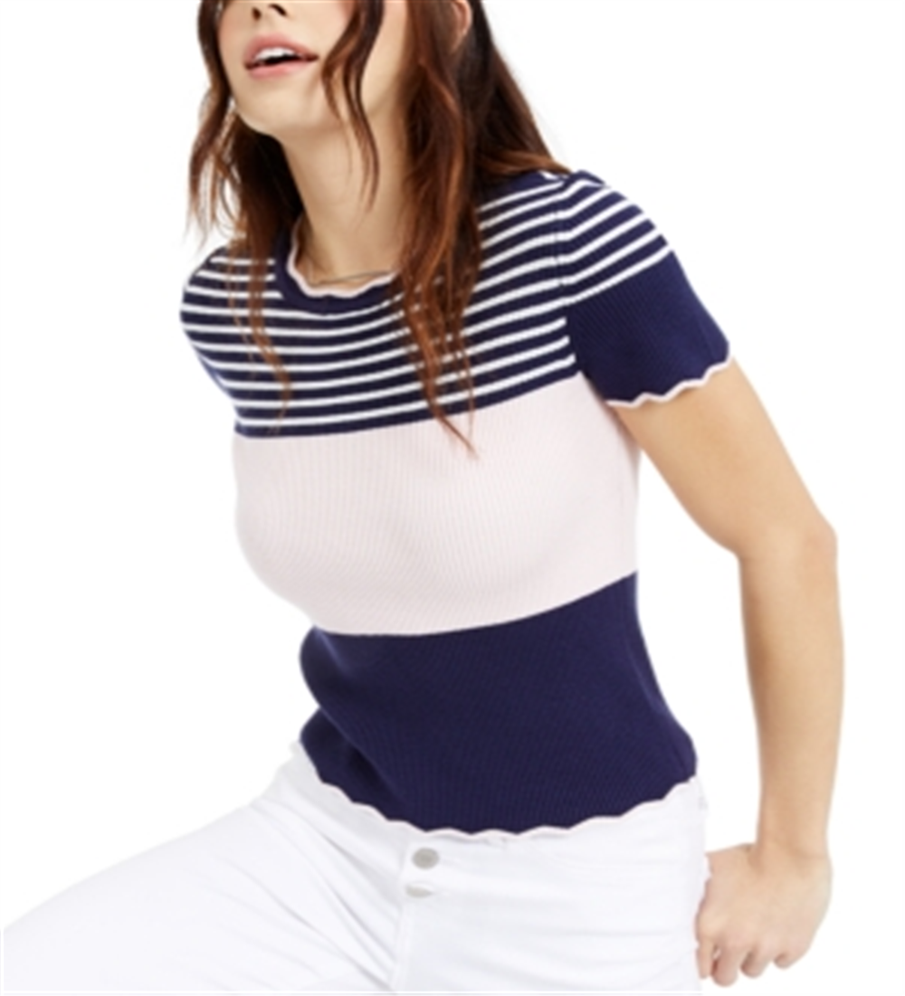 Blusa feminina Maison Jules com estampa listrada e acabamento recortado, azul, tamanho XX-S