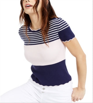 Blusa feminina Maison Jules com estampa listrada e acabamento recortado, azul, tamanho XX-S