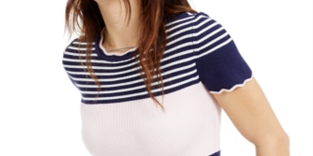 Blusa feminina Maison Jules com estampa listrada e acabamento recortado, azul, tamanho XX-S