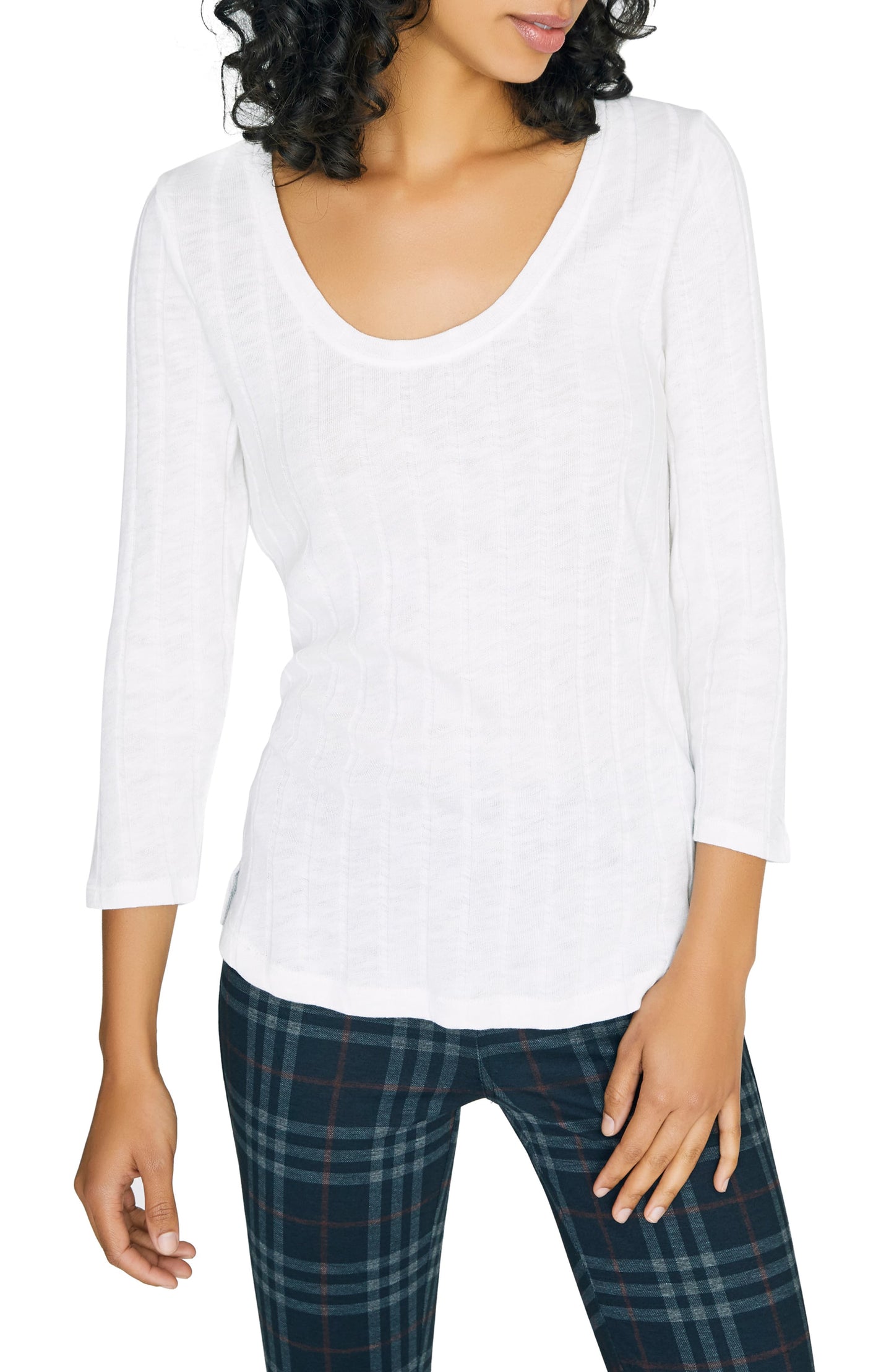 Blusa feminina Sanctuary Ruby com decote redondo e manga 3/4 canelada, branca, tamanho XXG