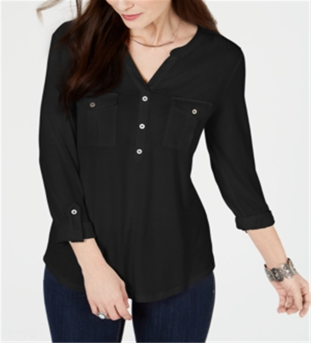Blusa popover feminina estilo &amp; co com aba enrolada, preta, tamanho PP