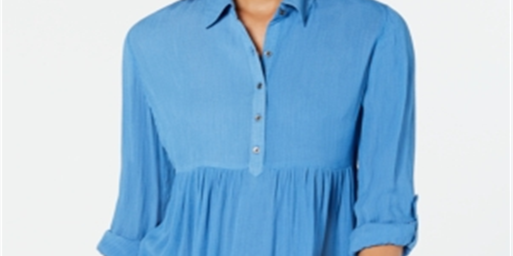 Camisa oversized feminina Style &amp; Co com mangas dobradas, azul, tamanho médio