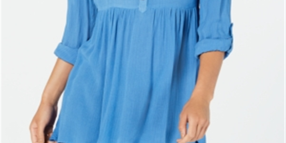 Camisa oversized feminina Style &amp; Co com mangas dobradas, azul, tamanho médio