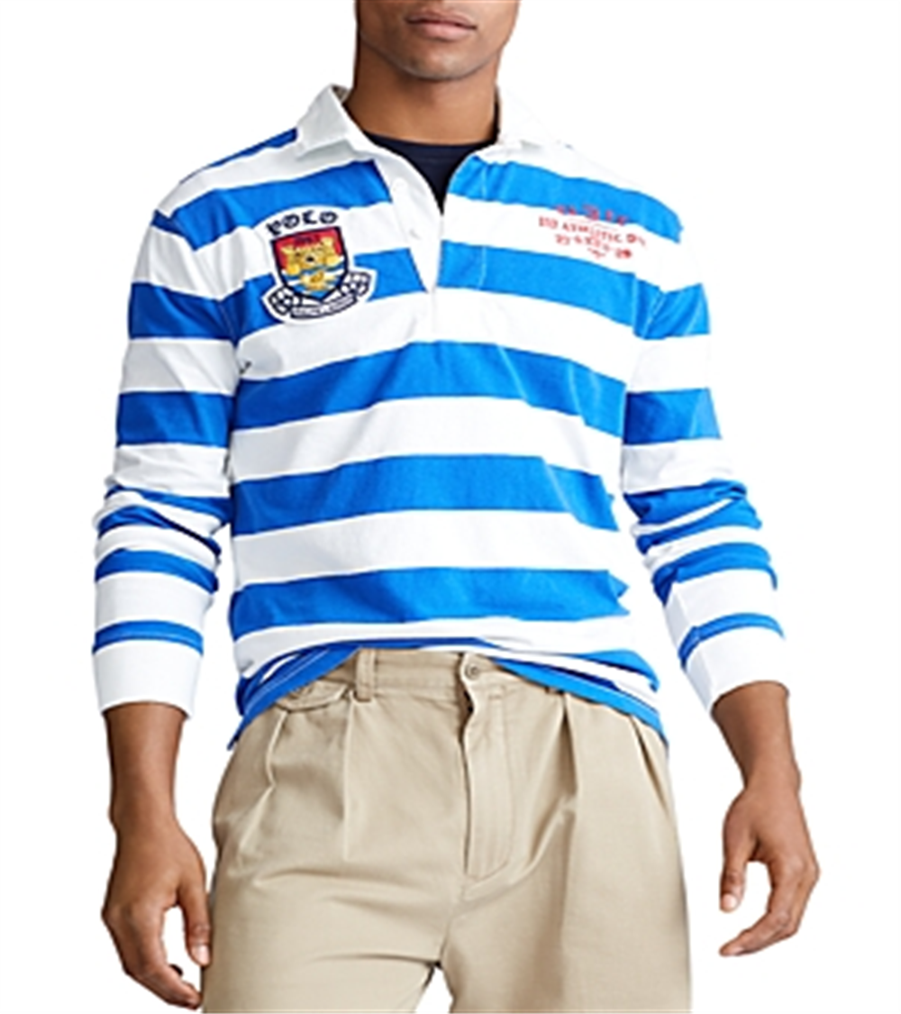 Camisa de rugby masculina Polo Ralph Lauren com listras bordadas e patch, branca, tamanho pequeno