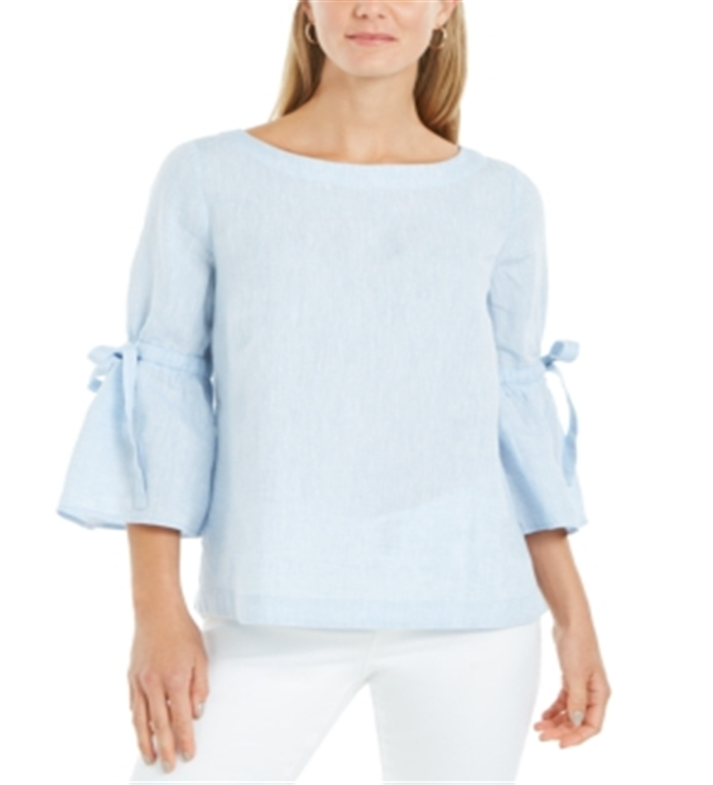 Blusa feminina Charter Club de linho com manga sino, azul, tamanho X-S