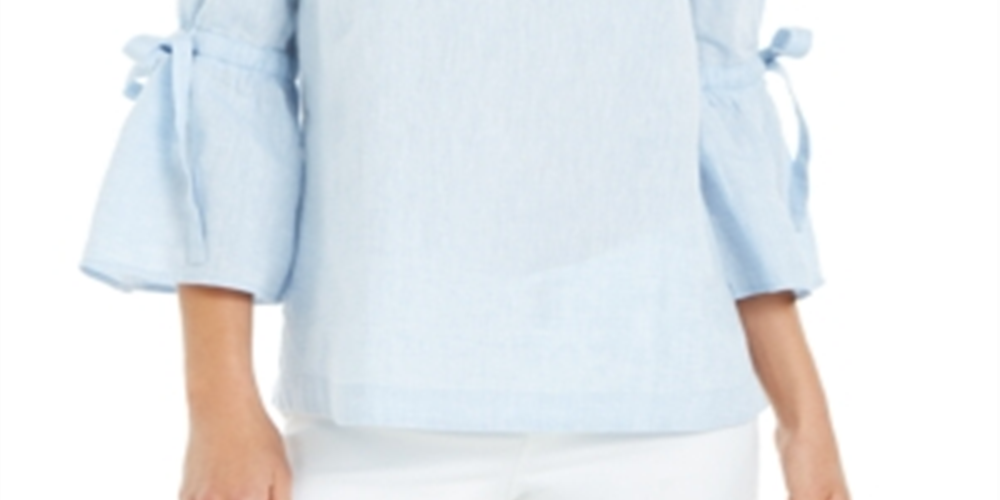 Blusa feminina Charter Club de linho com manga sino, azul, tamanho X-S