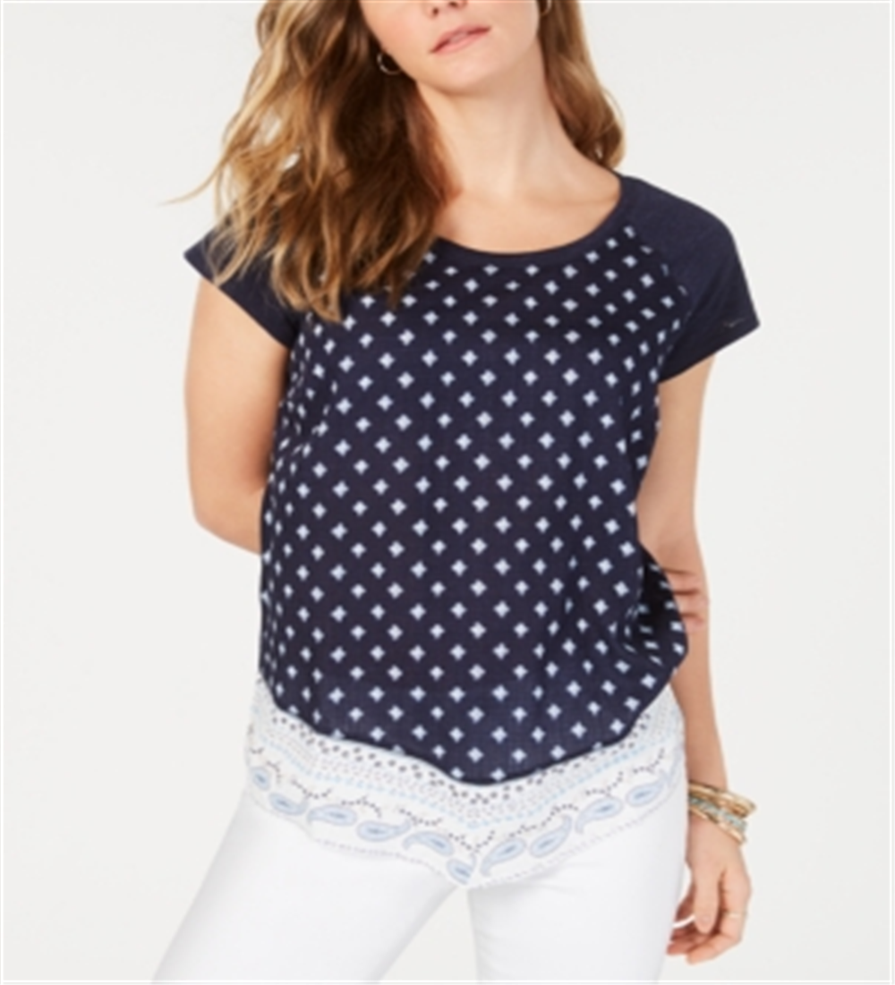 Camiseta feminina estampada de manga curta e gola redonda, tamanho XS, azul, estilo &amp; Co
