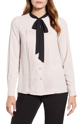 Blusa feminina Anne Klein com botões e gola amarrada, rosa, tamanho 12