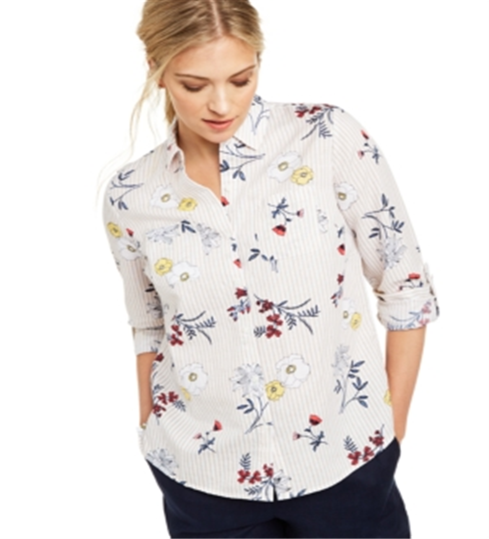 Camisa de linho feminina com estampa floral e botões Charter Club, branca, tamanho XS