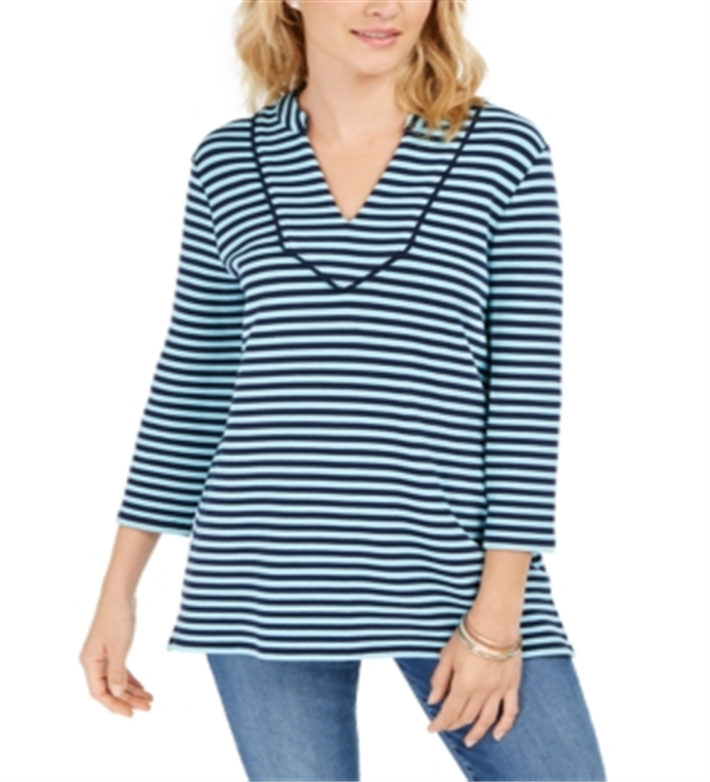 Blusa feminina listrada Charter Club com manga 3/4, azul, tamanho X-S
