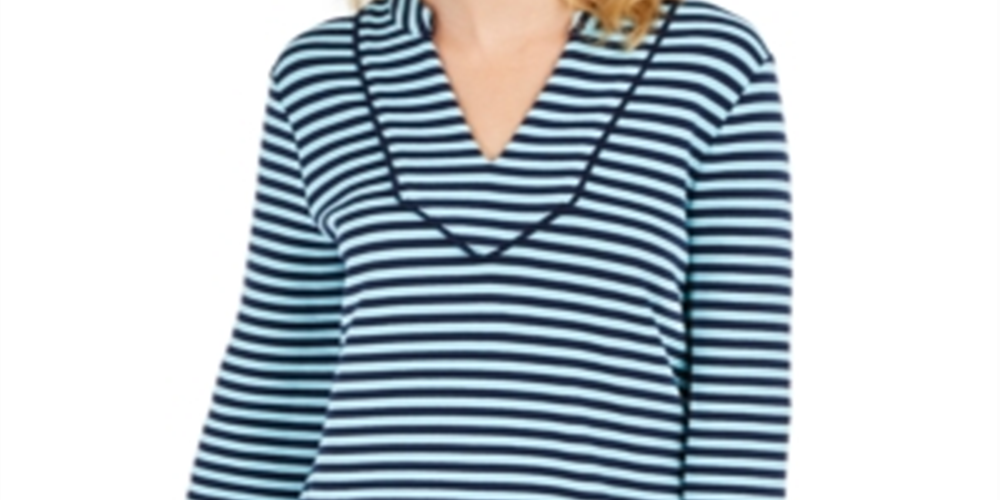Blusa feminina listrada Charter Club com manga 3/4, azul, tamanho X-S