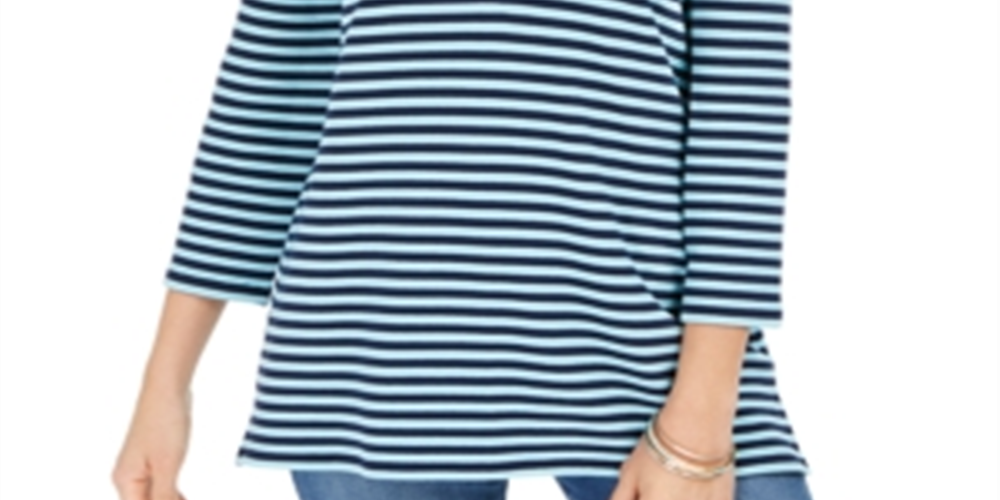 Blusa feminina listrada Charter Club com manga 3/4, azul, tamanho X-S