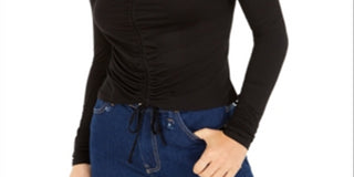 Top curto feminino Bar III com amarração frontal franzida, preto, tamanho pequeno