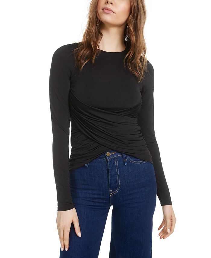 Blusa feminina Bar III de manga comprida com decote em joia, preta, tamanho grande