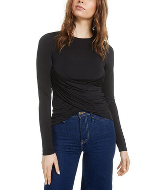 Blusa feminina Bar III de manga comprida com decote em joia, preta, tamanho grande