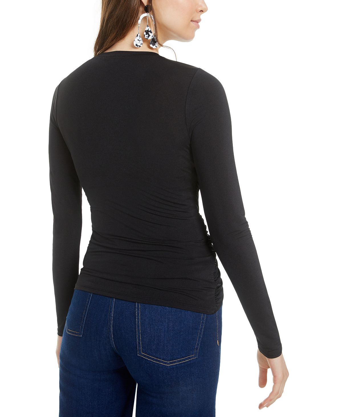 Blusa feminina Bar III de manga comprida com decote em joia, preta, tamanho grande