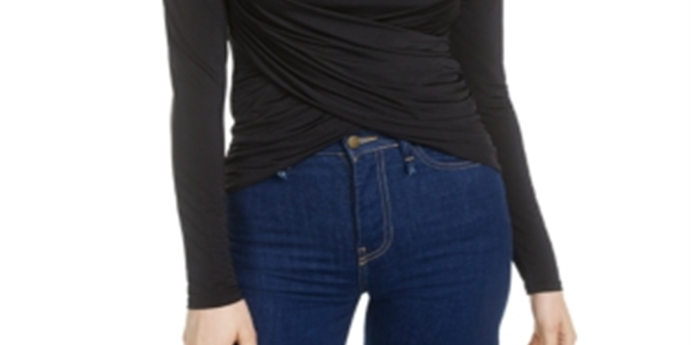 Blusa feminina Bar III de manga comprida com decote em joia, preta, tamanho grande