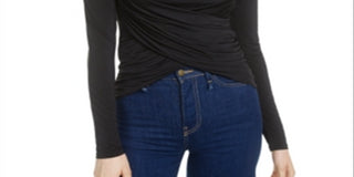 Blusa feminina Bar III de manga comprida com decote em joia, preta, tamanho grande