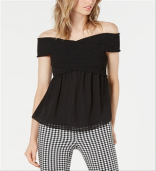 BAR III Top feminino de manga curta e ombro de fora, estilo camponês, preto, tamanho X-S