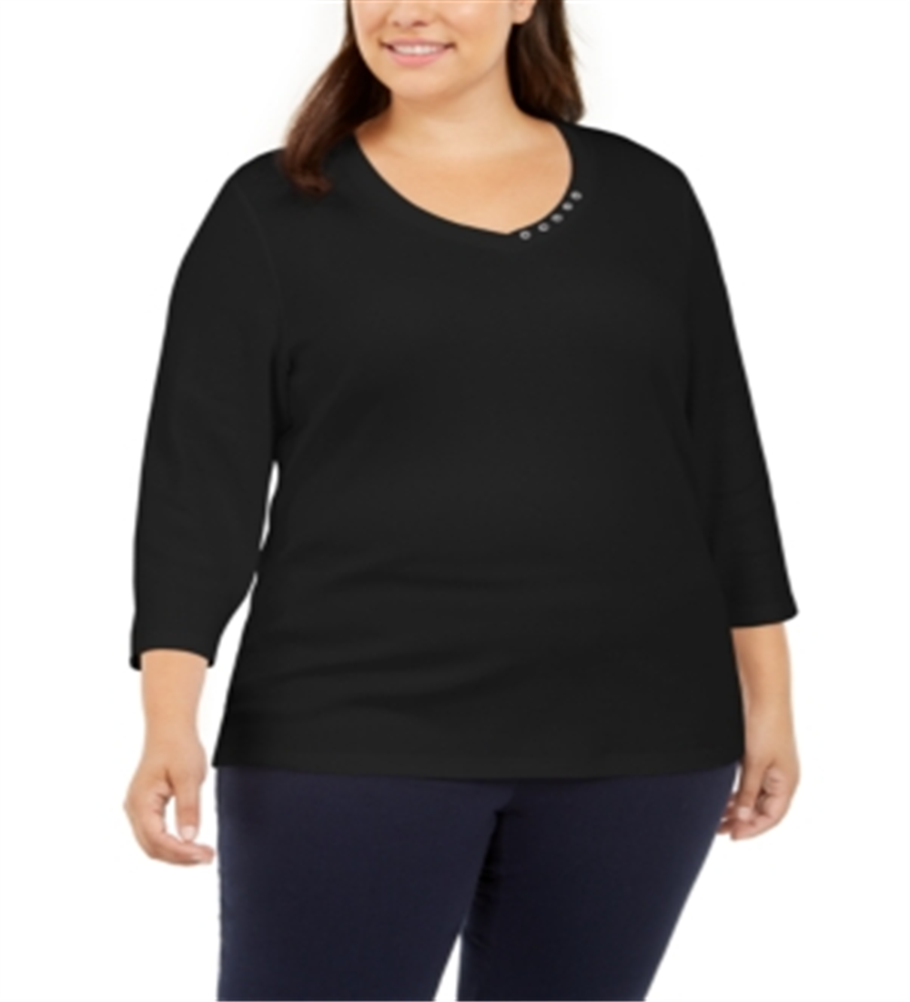 Karen Scott Blusa feminina plus size de algodão com botões e manga 3/4, preta, tamanho 0X