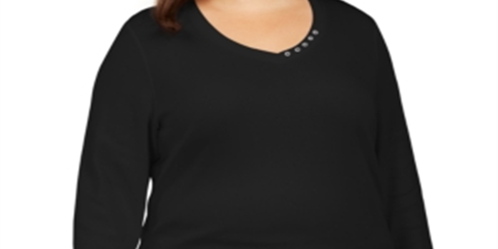 Karen Scott Blusa feminina plus size de algodão com botões e manga 3/4, preta, tamanho 0X
