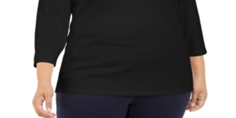 Karen Scott Blusa feminina plus size de algodão com botões e manga 3/4, preta, tamanho 0X