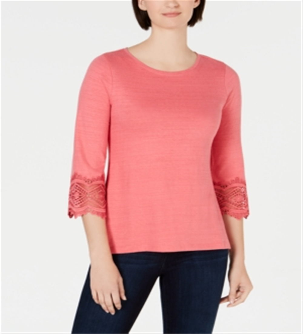 Top feminino Charter Club com acabamento em renda de algodão rosa, tamanho pequeno G