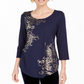 Top estampado feminino JM Collection com decote redondo, azul, tamanho pequeno