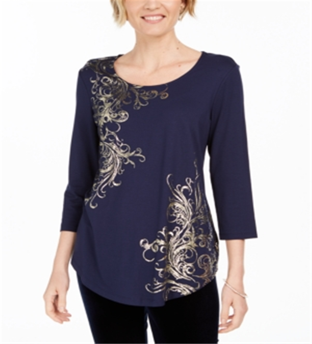 Top estampado feminino JM Collection com decote redondo, azul, tamanho pequeno