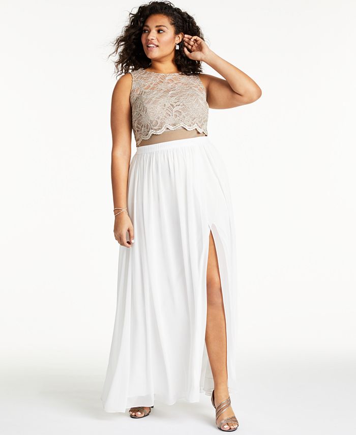 Vestido longo de coquetel feminino City Studio com fenda e renda, sem mangas, gola alta, branco, tamanho 18W