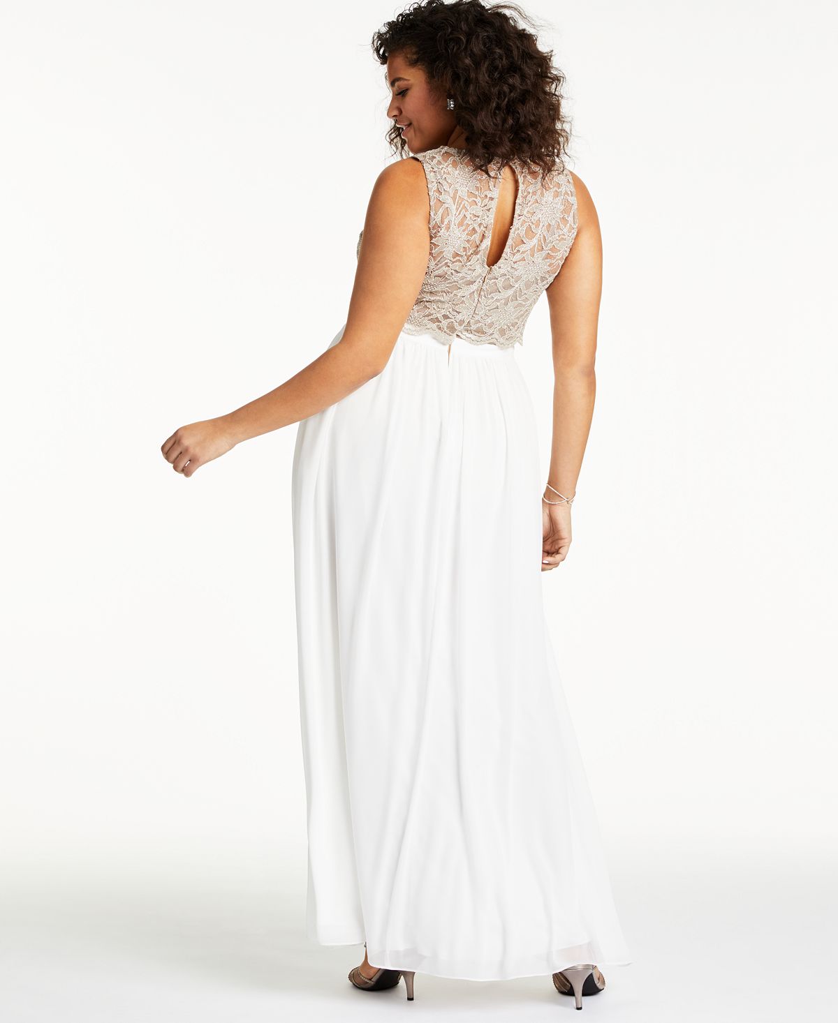 Vestido longo de coquetel feminino City Studio com fenda e renda, sem mangas, gola alta, branco, tamanho 18W