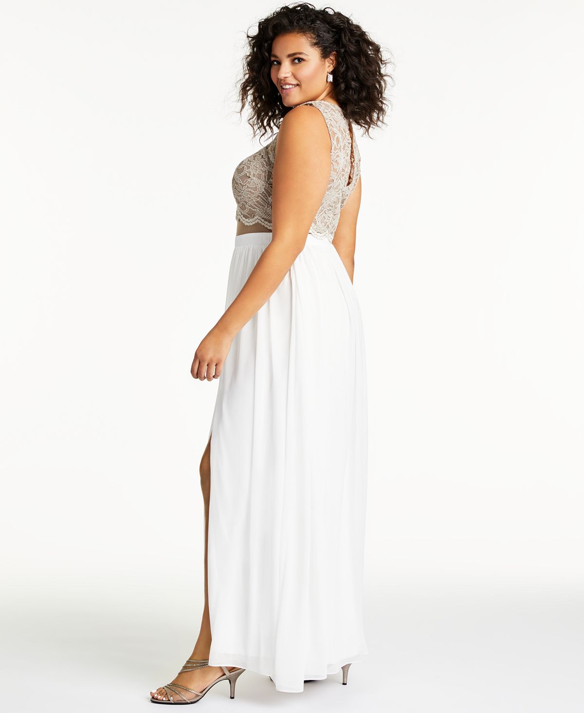Vestido longo de coquetel feminino City Studio com fenda e renda, sem mangas, gola alta, branco, tamanho 18W