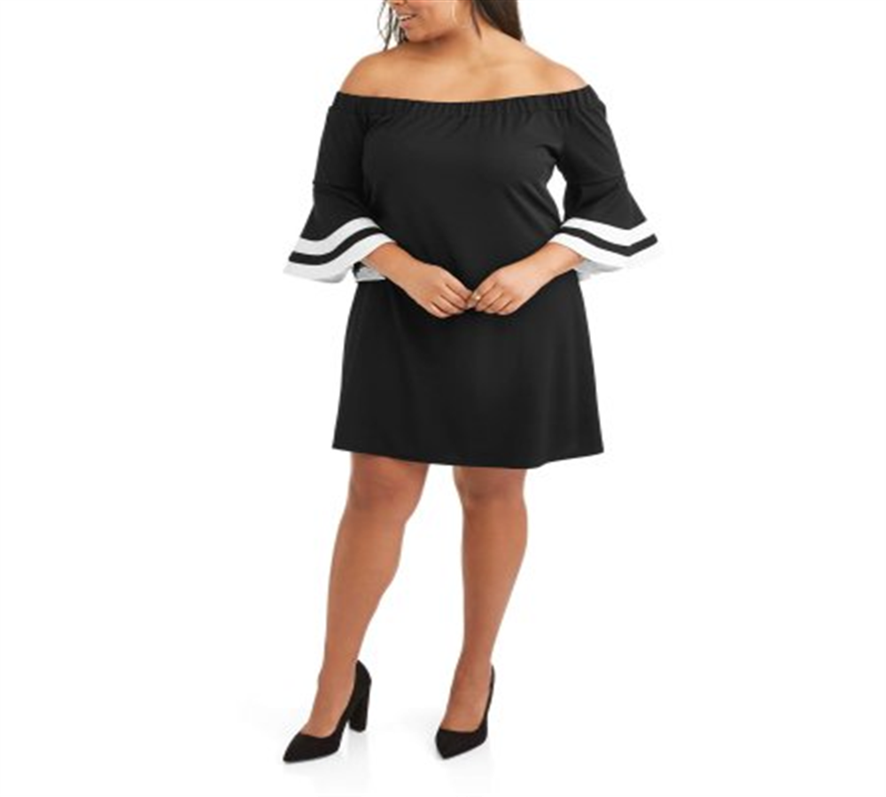 Vestido feminino plus size Love Squared com manga sino e acabamento, preto, tamanho 2X